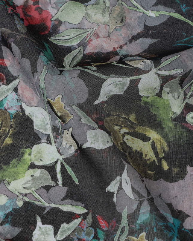 Charcoal Black and Olive Floral Traditional Sudanese Thobe in Pure Cotton Voile Fabric, 4.5 Meters Length, Width 140 cm – Made in India-D23133