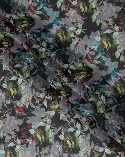 Charcoal Black and Olive Floral Traditional Sudanese Thobe in Pure Cotton Voile Fabric, 4.5 Meters Length, Width 140 cm – Made in India-D23133