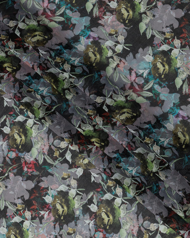 Charcoal Black and Olive Floral Traditional Sudanese Thobe in Pure Cotton Voile Fabric, 4.5 Meters Length, Width 140 cm – Made in India-D23133
