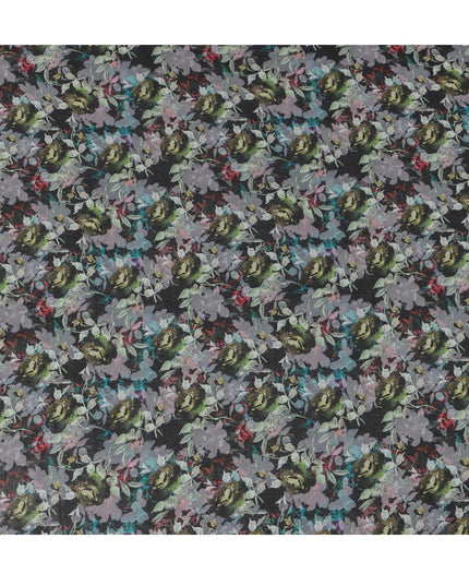 Charcoal Black and Olive Floral Traditional Sudanese Thobe in Pure Cotton Voile Fabric, 4.5 Meters Length, Width 140 cm – Made in India-D23133