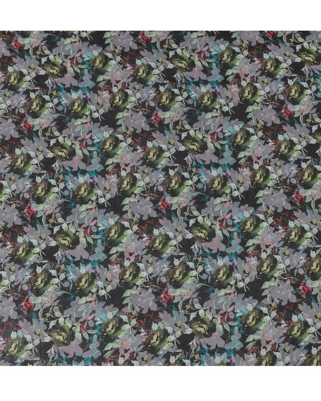 Charcoal Black and Olive Floral Traditional Sudanese Thobe in Pure Cotton Voile Fabric, 4.5 Meters Length, Width 140 cm – Made in India-D23133