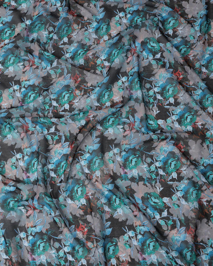 ثوب سوداني تقليدي مزهر باللونين الرمادي الفحمي والأزرق المائي، مصنوع من قماش فوال قطني خالص، بطول 4.5 متر، وعرض 140 سم - صنع في الهند - D23134