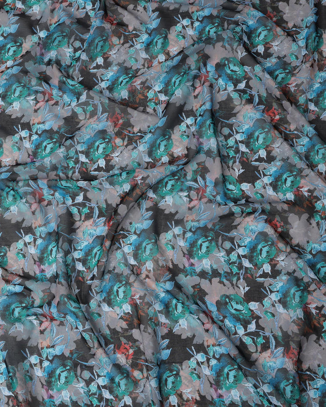 ثوب سوداني تقليدي مزهر باللونين الرمادي الفحمي والأزرق المائي، مصنوع من قماش فوال قطني خالص، بطول 4.5 متر، وعرض 140 سم - صنع في الهند - D23134