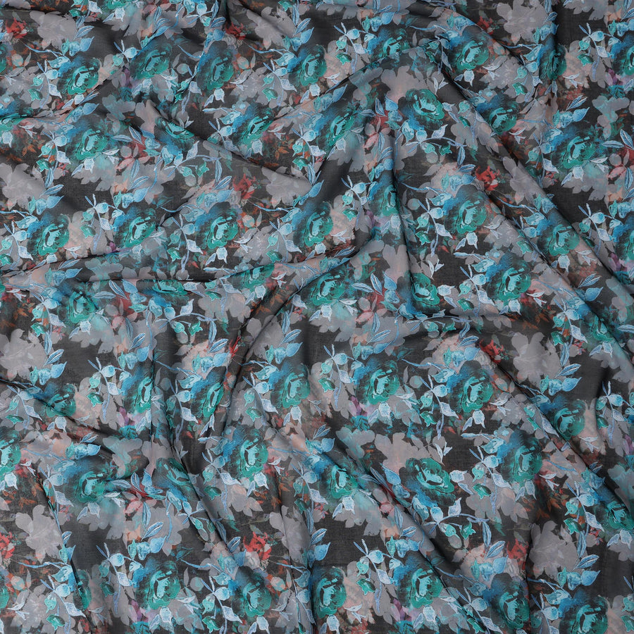 ثوب سوداني تقليدي مزهر باللونين الرمادي الفحمي والأزرق المائي، مصنوع من قماش فوال قطني خالص، بطول 4.5 متر، وعرض 140 سم - صنع في الهند - D23134