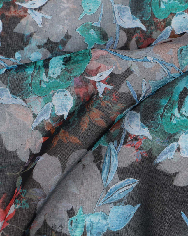 ثوب سوداني تقليدي مزهر باللونين الرمادي الفحمي والأزرق المائي، مصنوع من قماش فوال قطني خالص، بطول 4.5 متر، وعرض 140 سم - صنع في الهند - D23134