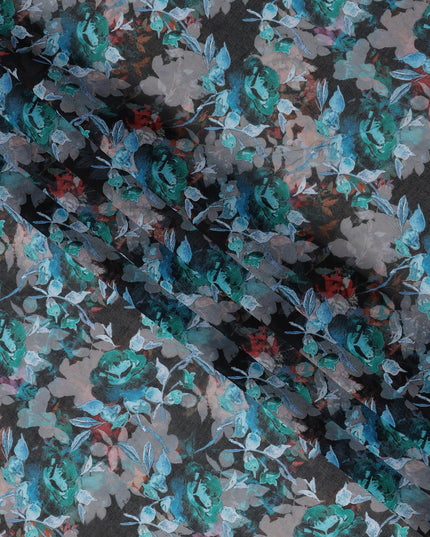 ثوب سوداني تقليدي مزهر باللونين الرمادي الفحمي والأزرق المائي، مصنوع من قماش فوال قطني خالص، بطول 4.5 متر، وعرض 140 سم - صنع في الهند - D23134