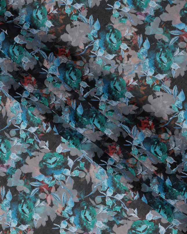 ثوب سوداني تقليدي مزهر باللونين الرمادي الفحمي والأزرق المائي، مصنوع من قماش فوال قطني خالص، بطول 4.5 متر، وعرض 140 سم - صنع في الهند - D23134