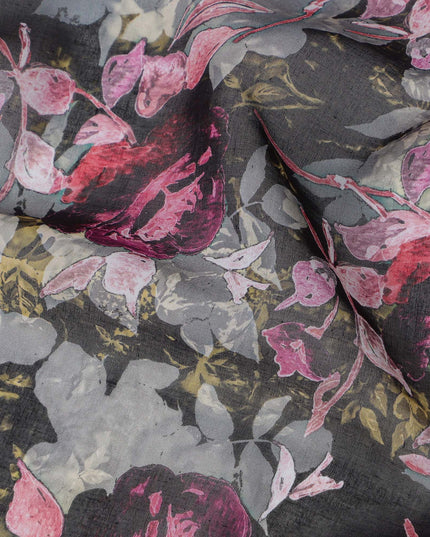 Charcoal Grey and Magenta Rose Traditional Sudanese Thobe in Pure Cotton Voile Fabric, 4.5 Meters Length, Width 140 cm – Made in India-D23137