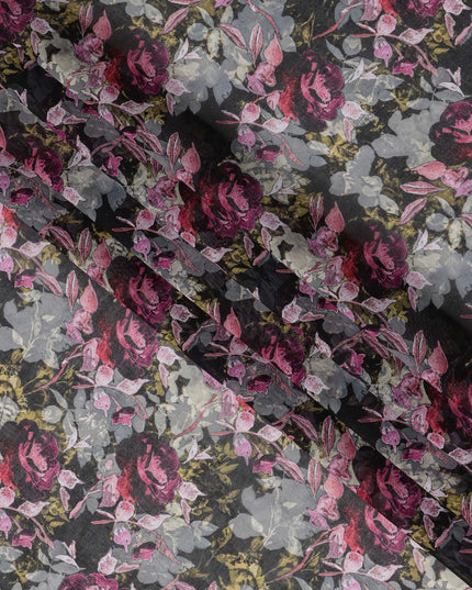 Charcoal Grey and Magenta Rose Traditional Sudanese Thobe in Pure Cotton Voile Fabric, 4.5 Meters Length, Width 140 cm – Made in India-D23137