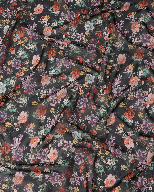 Black Multicolor Floral Traditional Sudanese Thobe in Pure Cotton Voile Fabric, 4.5 Meters Length, Width 140 cm – Made in India-D23139