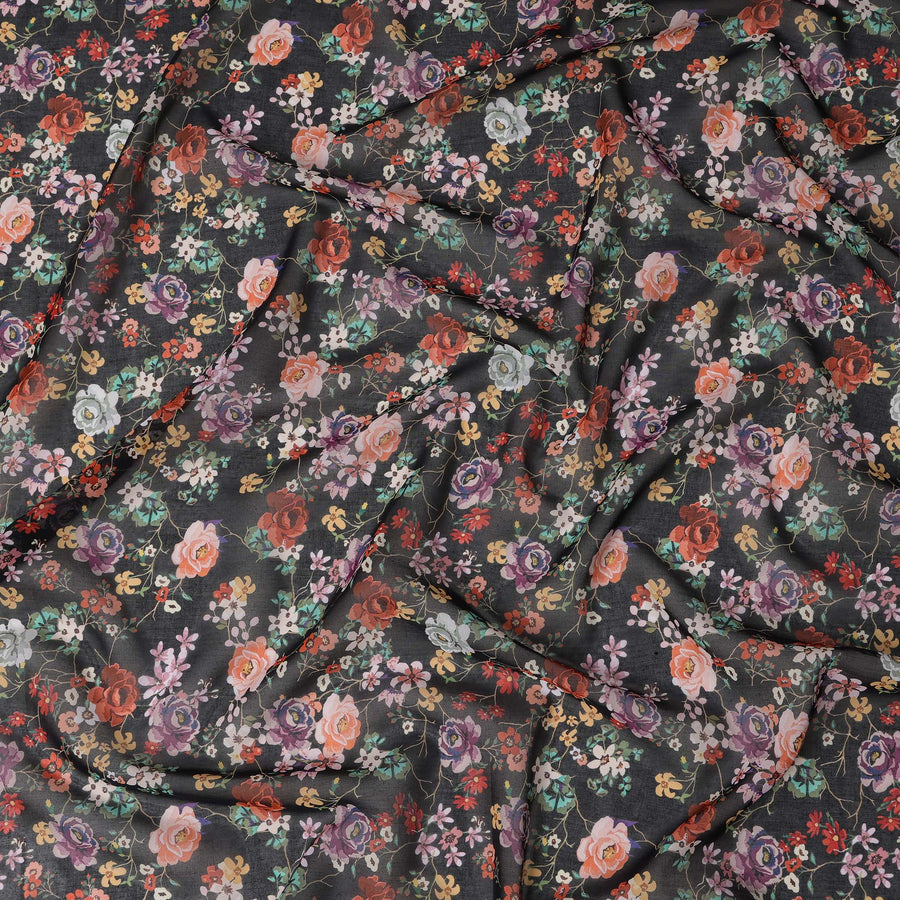 Black Multicolor Floral Traditional Sudanese Thobe in Pure Cotton Voile Fabric, 4.5 Meters Length, Width 140 cm – Made in India-D23139