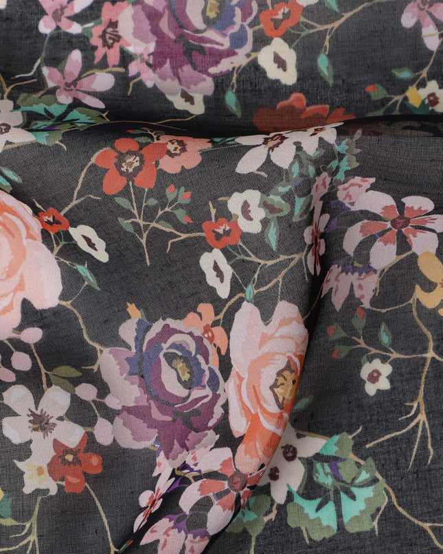 Black Multicolor Floral Traditional Sudanese Thobe in Pure Cotton Voile Fabric, 4.5 Meters Length, Width 140 cm – Made in India-D23139