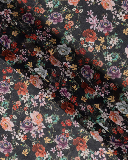 Black Multicolor Floral Traditional Sudanese Thobe in Pure Cotton Voile Fabric, 4.5 Meters Length, Width 140 cm – Made in India-D23139