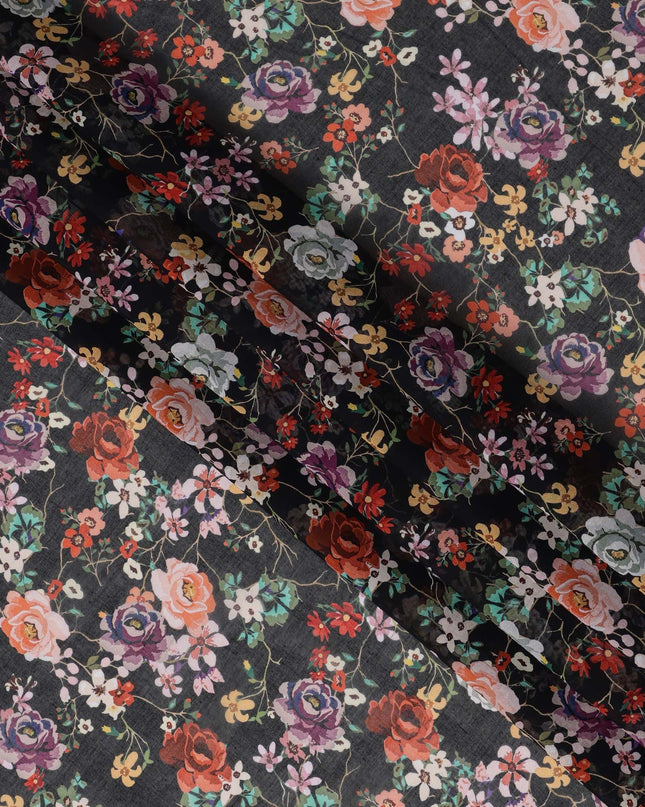 Black Multicolor Floral Traditional Sudanese Thobe in Pure Cotton Voile Fabric, 4.5 Meters Length, Width 140 cm – Made in India-D23139
