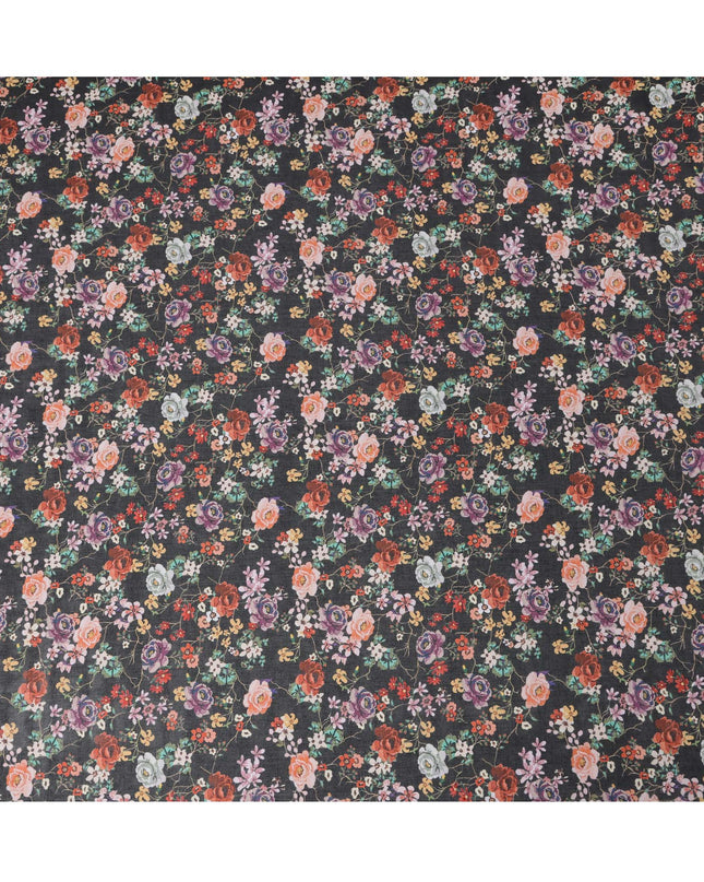Black Multicolor Floral Traditional Sudanese Thobe in Pure Cotton Voile Fabric, 4.5 Meters Length, Width 140 cm – Made in India-D23139