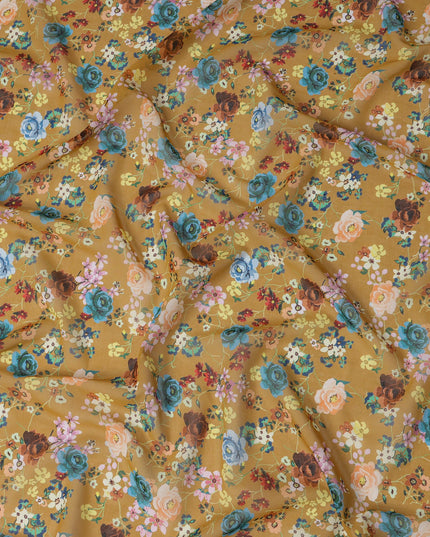 Mustard Yellow Multicolor Floral Traditional Sudanese Thobe in Pure Cotton Voile Fabric, 4.5 Meters Length, Width 140 cm – Made in India-D23141