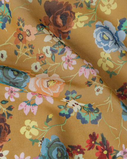 Mustard Yellow Multicolor Floral Traditional Sudanese Thobe in Pure Cotton Voile Fabric, 4.5 Meters Length, Width 140 cm – Made in India-D23141