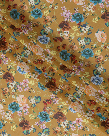 Mustard Yellow Multicolor Floral Traditional Sudanese Thobe in Pure Cotton Voile Fabric, 4.5 Meters Length, Width 140 cm – Made in India-D23141