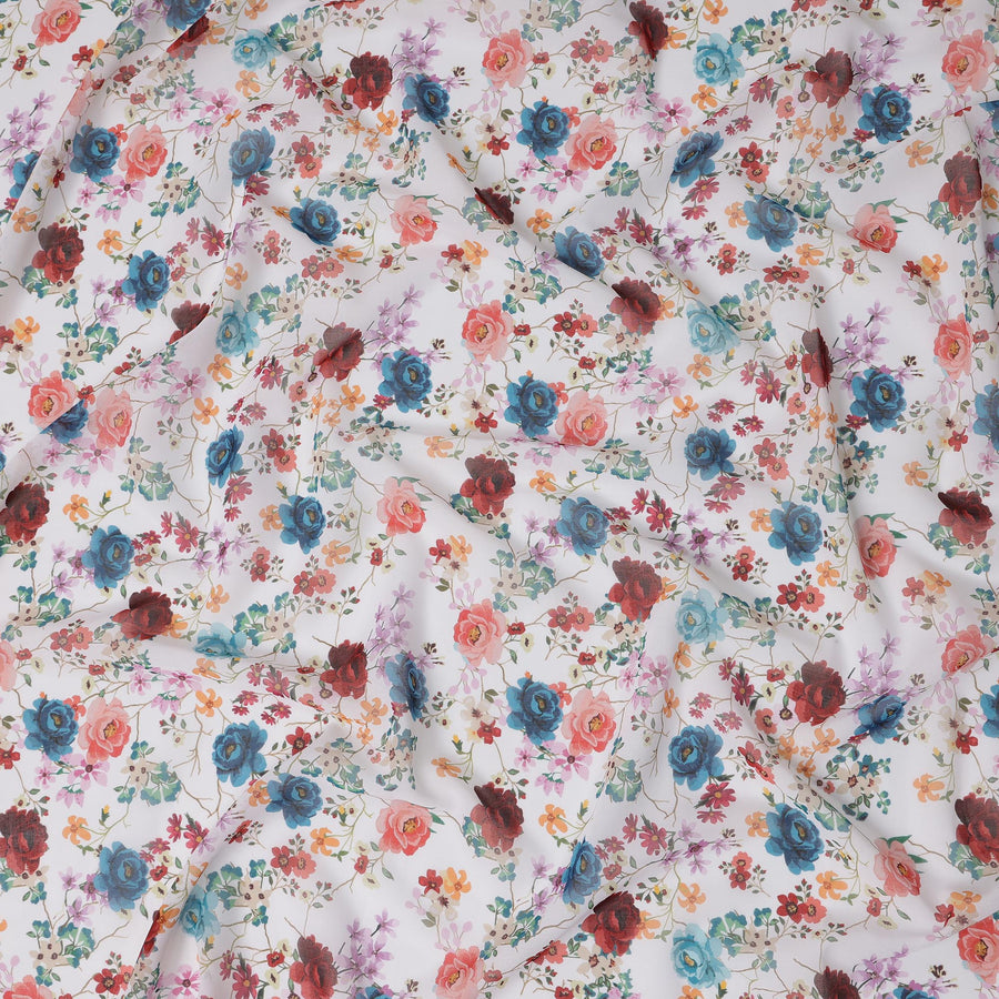 White Multicolor Floral Traditional Sudanese Thobe in Pure Cotton Voile Fabric, 4.5 Meters Length, Width 140 cm – Made in India-D23142