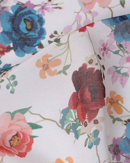 White Multicolor Floral Traditional Sudanese Thobe in Pure Cotton Voile Fabric, 4.5 Meters Length, Width 140 cm – Made in India-D23142
