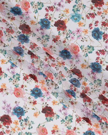 White Multicolor Floral Traditional Sudanese Thobe in Pure Cotton Voile Fabric, 4.5 Meters Length, Width 140 cm – Made in India-D23142