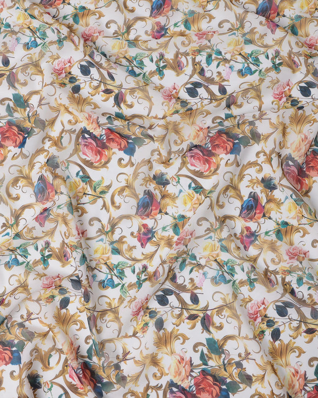 White Multicolor Floral and Gold Vine Traditional Sudanese Thobe in Pure Cotton Voile Fabric, 4.5 Meters Length, Width 140 cm – Made in India-D23147 Regal Fabrics