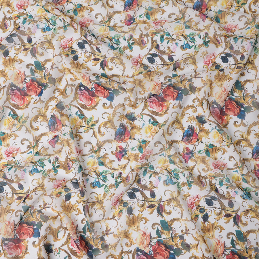 White Multicolor Floral and Gold Vine Traditional Sudanese Thobe in Pure Cotton Voile Fabric, 4.5 Meters Length, Width 140 cm – Made in India-D23147 Regal Fabrics