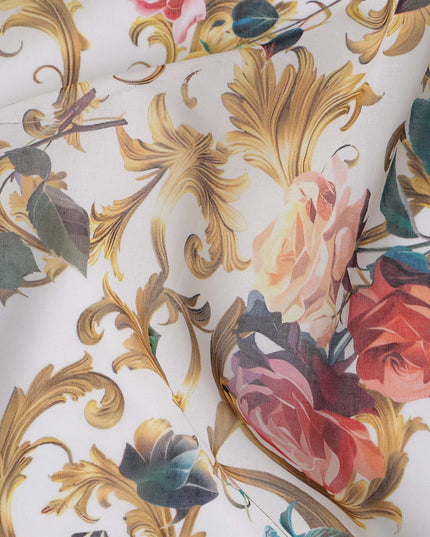 White Multicolor Floral and Gold Vine Traditional Sudanese Thobe in Pure Cotton Voile Fabric, 4.5 Meters Length, Width 140 cm – Made in India-D23147 Regal Fabrics