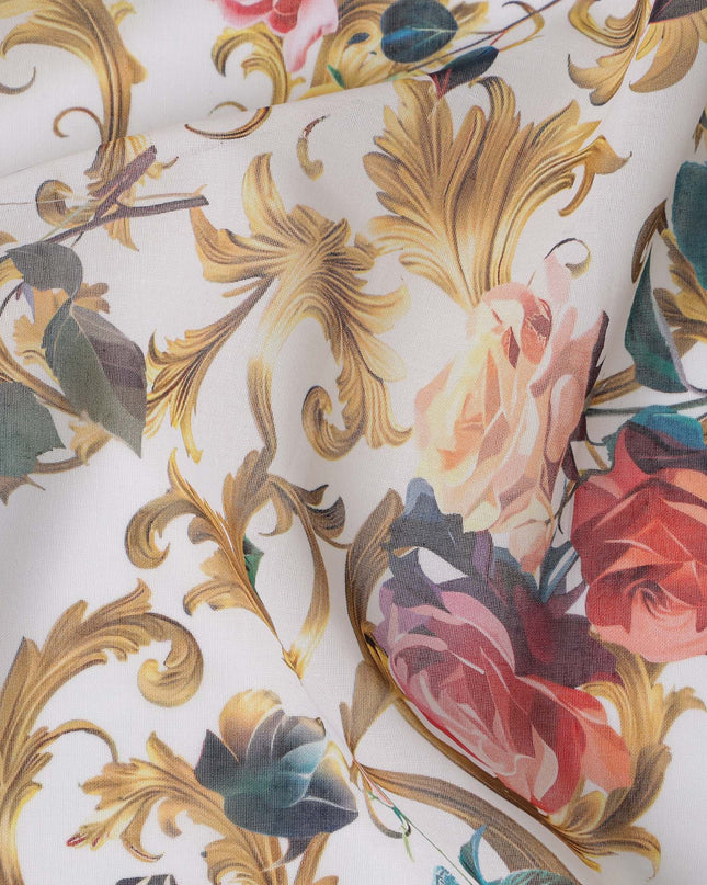 White Multicolor Floral and Gold Vine Traditional Sudanese Thobe in Pure Cotton Voile Fabric, 4.5 Meters Length, Width 140 cm – Made in India-D23147 Regal Fabrics