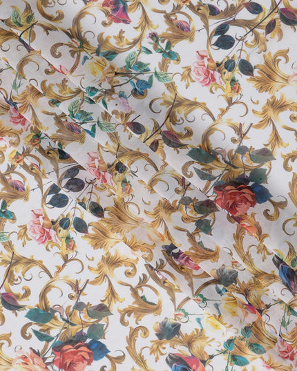 White Multicolor Floral and Gold Vine Traditional Sudanese Thobe in Pure Cotton Voile Fabric, 4.5 Meters Length, Width 140 cm – Made in India-D23147 Regal Fabrics