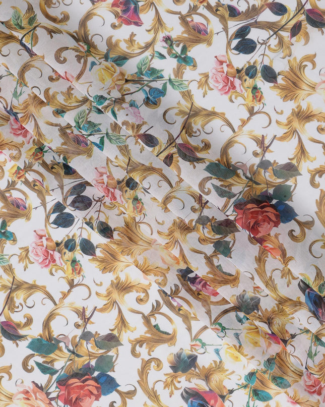 White Multicolor Floral and Gold Vine Traditional Sudanese Thobe in Pure Cotton Voile Fabric, 4.5 Meters Length, Width 140 cm – Made in India-D23147 Regal Fabrics