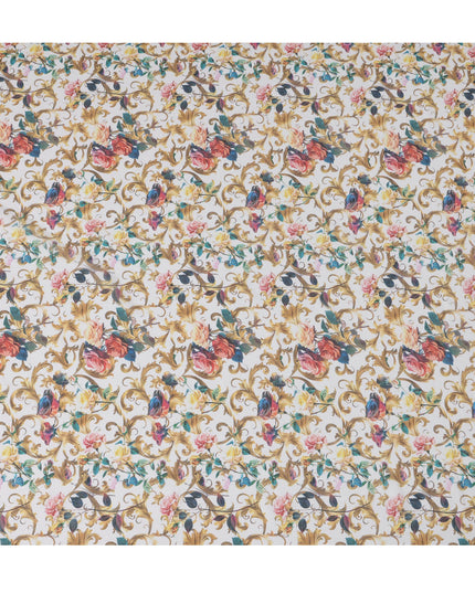 White Multicolor Floral and Gold Vine Traditional Sudanese Thobe in Pure Cotton Voile Fabric, 4.5 Meters Length, Width 140 cm – Made in India-D23147 Regal Fabrics