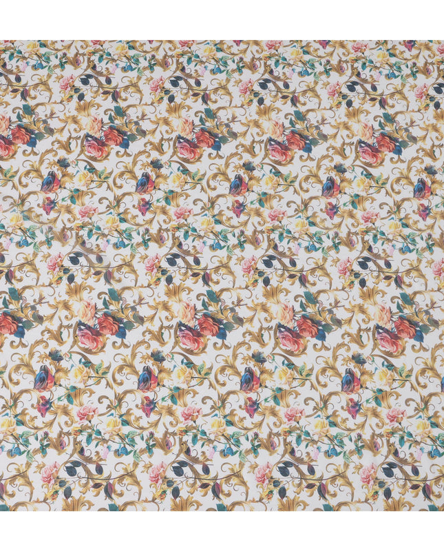 White Multicolor Floral and Gold Vine Traditional Sudanese Thobe in Pure Cotton Voile Fabric, 4.5 Meters Length, Width 140 cm – Made in India-D23147 Regal Fabrics
