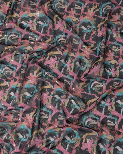 Charcoal Black with Pink and Teal Abstract Floral Traditional Sudanese Thobe in Pure Cotton Voile Fabric, 4.5 Meters Length, Width 140 cm – Made in India-D23148