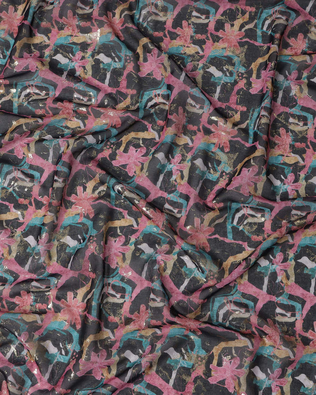 ثوب سوداني تقليدي بنقشة زهور تجريدية باللون الأسود الفحمي مع الوردي والأزرق المخضر، مصنوع من قماش فوال قطني خالص، بطول 4.5 متر، وعرض 140 سم - صنع في الهند - D23148