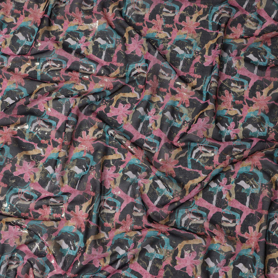 Charcoal Black with Pink and Teal Abstract Floral Traditional Sudanese Thobe in Pure Cotton Voile Fabric, 4.5 Meters Length, Width 140 cm – Made in India-D23148