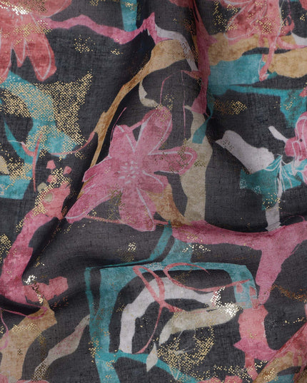 Charcoal Black with Pink and Teal Abstract Floral Traditional Sudanese Thobe in Pure Cotton Voile Fabric, 4.5 Meters Length, Width 140 cm – Made in India-D23148