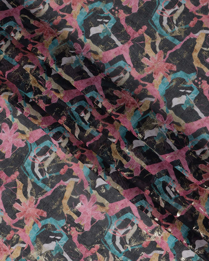 Charcoal Black with Pink and Teal Abstract Floral Traditional Sudanese Thobe in Pure Cotton Voile Fabric, 4.5 Meters Length, Width 140 cm – Made in India-D23148