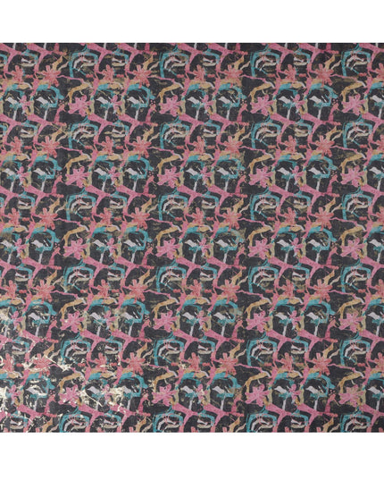 Charcoal Black with Pink and Teal Abstract Floral Traditional Sudanese Thobe in Pure Cotton Voile Fabric, 4.5 Meters Length, Width 140 cm – Made in India-D23148