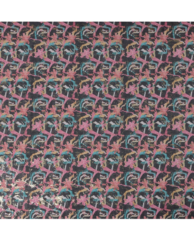 ثوب سوداني تقليدي بنقشة زهور تجريدية باللون الأسود الفحمي مع الوردي والأزرق المخضر، مصنوع من قماش فوال قطني خالص، بطول 4.5 متر، وعرض 140 سم - صنع في الهند - D23148