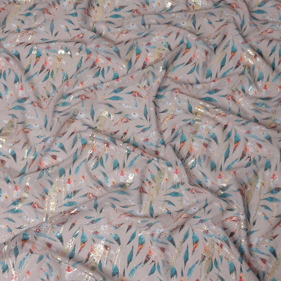 Dusty Beige with Teal and Gold Leaf Print Traditional Sudanese Thobe in Pure Cotton Voile Fabric, 4.5 Meters Length, Width 140 cm – Made in India-D23149 Regal Fabrics
