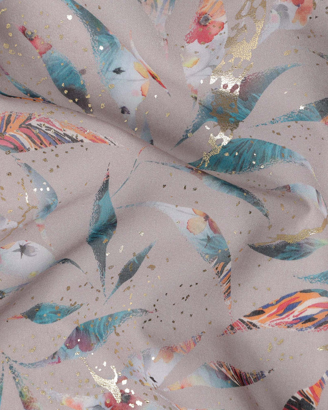 Dusty Beige with Teal and Gold Leaf Print Traditional Sudanese Thobe in Pure Cotton Voile Fabric, 4.5 Meters Length, Width 140 cm – Made in India-D23149 Regal Fabrics