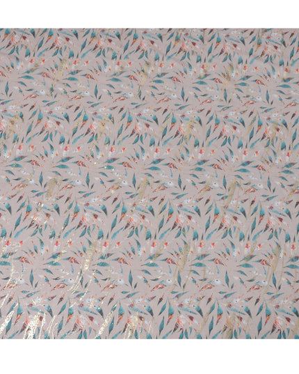 Dusty Beige with Teal and Gold Leaf Print Traditional Sudanese Thobe in Pure Cotton Voile Fabric, 4.5 Meters Length, Width 140 cm – Made in India-D23149 Regal Fabrics