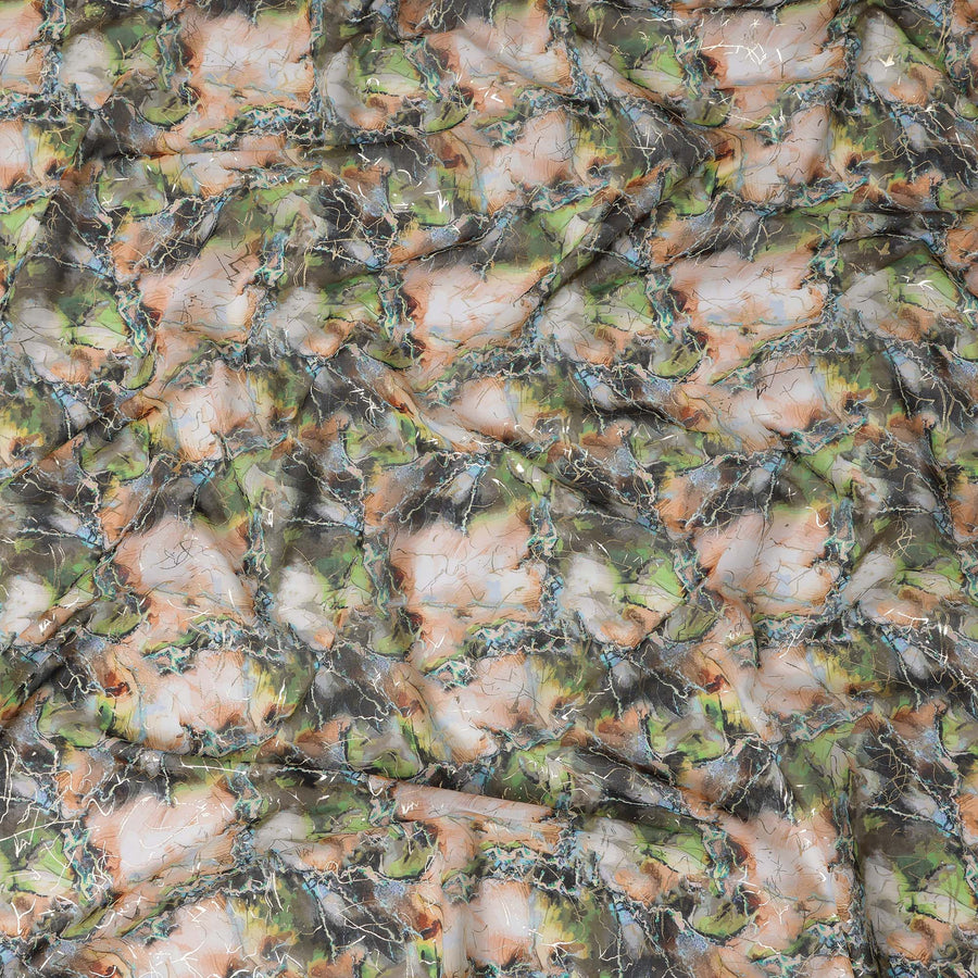 Olive Green and Peach Marble Effect Traditional Sudanese Thobe in Pure Cotton Voile Fabric, 4.5 Meters Length, Width 140 cm – Made in India-D23150