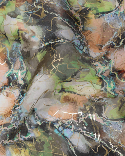 Olive Green and Peach Marble Effect Traditional Sudanese Thobe in Pure Cotton Voile Fabric, 4.5 Meters Length, Width 140 cm – Made in India-D23150