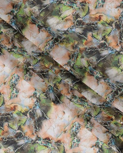 Olive Green and Peach Marble Effect Traditional Sudanese Thobe in Pure Cotton Voile Fabric, 4.5 Meters Length, Width 140 cm – Made in India-D23150