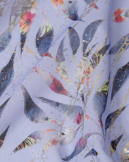 Lavender Blue with Navy and Gold Leaf Print Traditional Sudanese Thobe in Pure Cotton Voile Fabric, 4.5 Meters Length, Width 140 cm – Made in India-D23151
