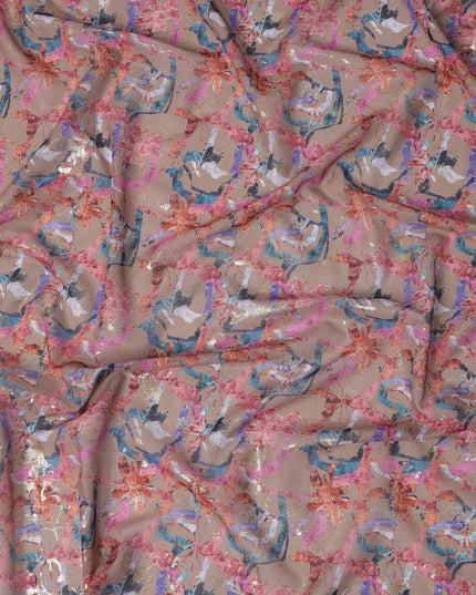 Dusty Rose with Multicolor Abstract Floral Traditional Sudanese Thobe in Pure Cotton Voile Fabric, 4.5 Meters Length, Width 140 cm – Made in India-D23152