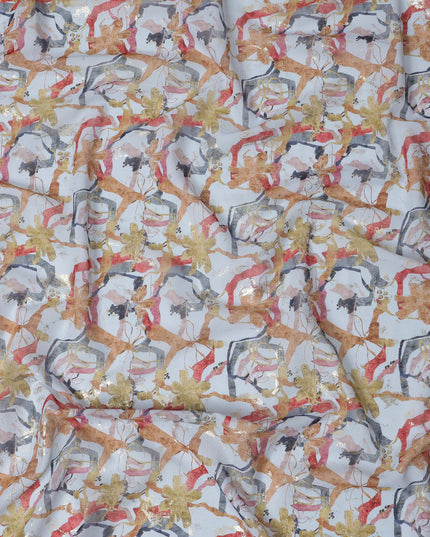 Light Blue with Multicolor and Gold Abstract Floral Traditional Sudanese Thobe in Pure Cotton Voile Fabric, 4.5 Meters Length, Width 140 cm – Made in India-D23153