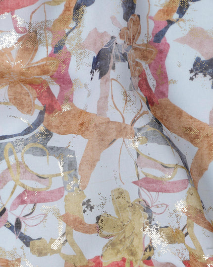 Light Blue with Multicolor and Gold Abstract Floral Traditional Sudanese Thobe in Pure Cotton Voile Fabric, 4.5 Meters Length, Width 140 cm – Made in India-D23153